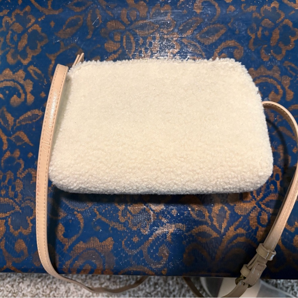 Neutral Shearling Crossbody Bag with Tan Strap